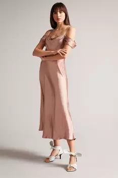 Платье миди Esta пыльно-розового цвета с открытыми плечами и драпировкой спереди Ted Baker, розовый