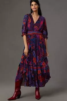 Платье миди Farm Rio с короткими рукавами и v-образным вырезом, синий/красный/черный