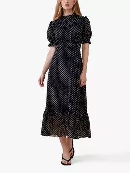 Платье миди Finery Camille с точечным принтом и рюшами, черный/мульти