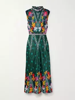Платье миди Fleur из шелкового атласа с открытой спиной и принтом Saloni, зеленый