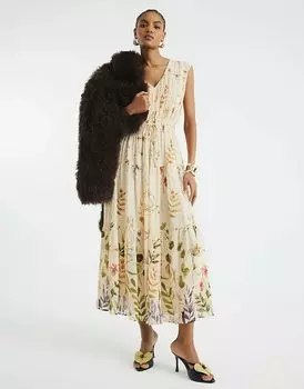 Платье-миди Foral со сборками кремового цвета River Island
