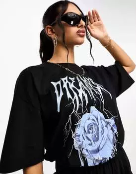 Платье миди-футболка ASOS с драпированным лифом и рисунком синей розы