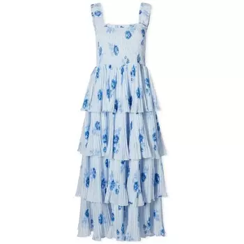 Платье миди Ganni Pleated Georgette Smock Strap, голубой