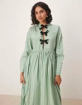 Платье миди Ghospell с бантом в зеленую и белую полоску