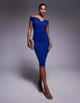 Платье миди Goddiva с открытыми плечами и оборкой на лифе цвета «королевский синий»