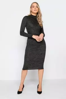 Платье миди графитового меланжа с высоким вырезом и рюшами Long Tall Sally, черный