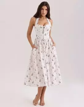 Платье-миди House of CB Emilia из эластичного хлопка с лямкой через шею и кремовым цветочным принтом