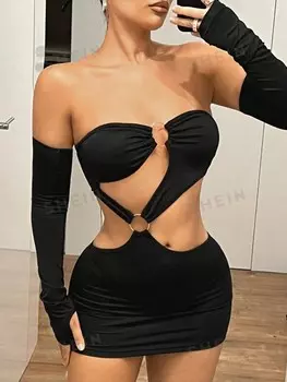 Платье миди ICON, приталенное, асимметричной формы, одно плечо, тканевый крой, с металлическим круглым каркасом Shein, черный