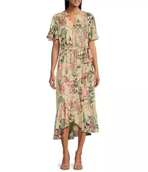 Платье миди Investments Surplice с V-образным вырезом и короткими развевающимися рукавами из искусственного запаха, цветочный