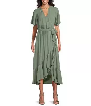 Платье миди Investments Surplice с V-образным вырезом и короткими развевающимися рукавами из искусственного запаха, зеленый