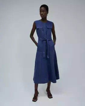 Платье миди из 100% льна с поясом Salsa Jeans, синий