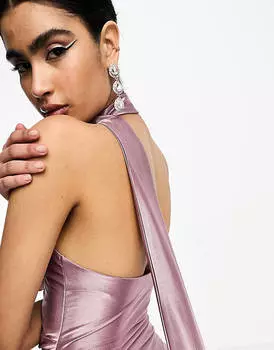 Платье миди из эластичного атласа на одно плечо ASOS DESIGN пыльно-сиреневого цвета