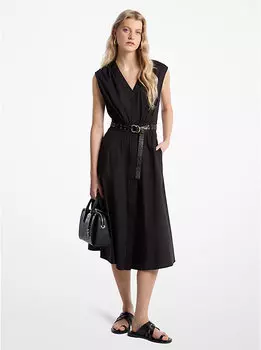 Платье миди из эластичного хлопкового поплина с поясом Michael Kors, черный