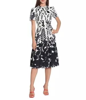 Платье миди из эластичного крепа с круглым вырезом и короткими рукавами с контрастным принтом Maggy London, мультиколор