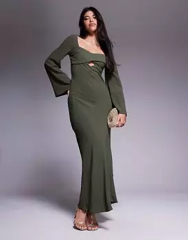 Платье миди из атласа ASOS DESIGN с вырезом на груди и перекрестными вставками цвета темного хаки