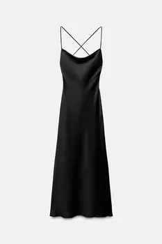 Платье миди из атласа с драпированной платьей ZARA, черный