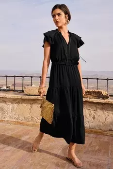 Платье миди из атласа с отделкой бисером и оборками Love & Roses, черный