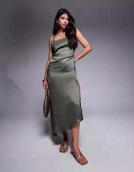Платье миди из атласа с перекрученными бретелями и сборками на талии ASOS DESIGN оливкового цвета