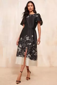 Платье миди из атласа с принтом и рукавами крылышками Friends Like These, черный