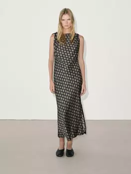 Платье миди из атласа с принтом Massimo Dutti, синий