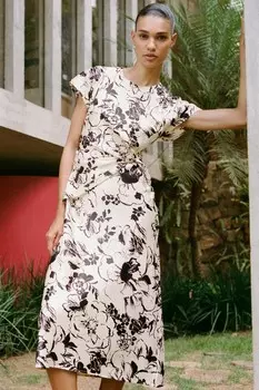 Платье миди из атласа с принтом ZARA, черный/белый