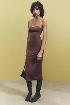 Платье миди из атласа с разрезом ZARA, светло-коричневый