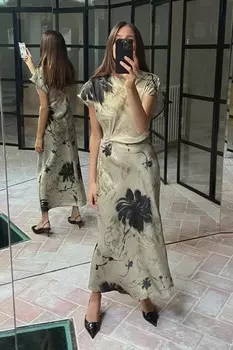 Платье миди из атласа ZARA, разноцветный