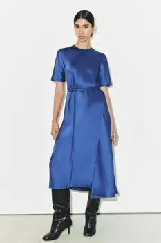 Платье миди из атласной коллекции ZW ZARA, синий
