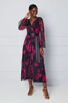 Платье миди из атласной сетки с цветочным принтом и поясом Wallis, черный