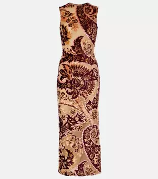 Платье миди из бархата и жаккарда с узором пейсли и тюлем Etro, цвет multicolour on beige base