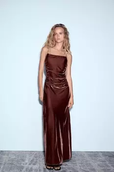 Платье миди из бархата на бретельках ZARA, коричневый