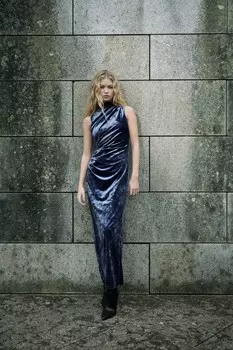 Платье миди из бархата с драпированной деталью ZARA, темно-синий