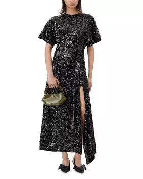 Платье миди из бархата с пайетками GANNI, черный