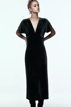 Платье миди из бархата ZARA, черный