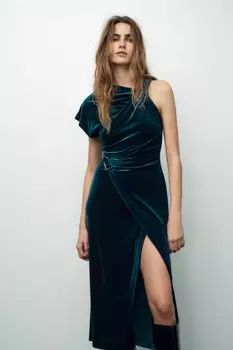 Платье миди из бархата ZARA, сине-зеленый