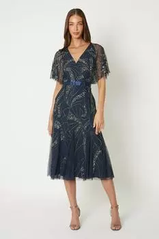 Платье миди из бисерной сетки с развевающимися рукавами Coast, темно-синий