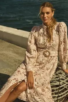 Платье миди из чистого льна фифи с вышивкой и длинными рукавами Forever New, коричневый