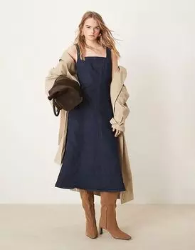 Платье-миди из денима с квадратным вырезом и расклешенными вставками цвета индиго Abercrombie & Fitch