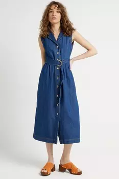 Платье миди из денима с поясом из 100% хлопка River Island, синий