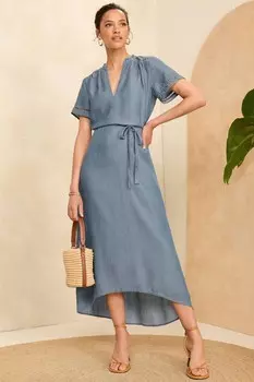 Платье миди из денима Tencel с короткими рукавами и отделкой крючком Love & Roses, синий