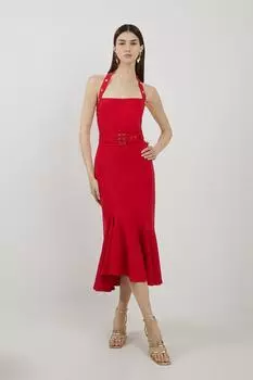 Платье миди из джерси Ponte с бретелями и водопадом Karen Millen, красный