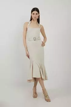 Платье миди из джерси Ponte с бретелями и водопадом Karen Millen, белый