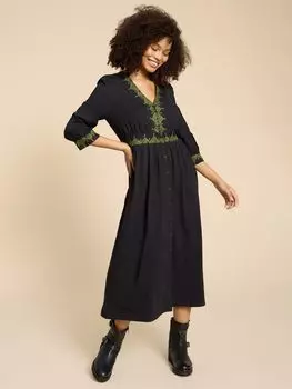 Платье миди из джерси Poppy из органического хлопка с вышивкой White Stuff, черный/мульти