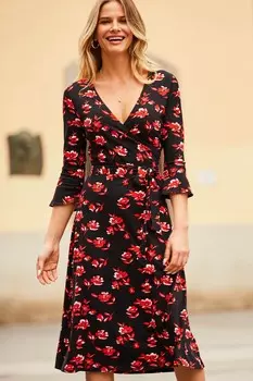 Платье миди из джерси с цветочным принтом Sosandar, черный