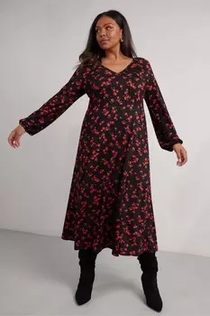 Платье миди из джерси с цветочным принтом и V образным вырезом Live Unlimited, красный