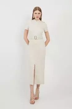 Платье миди из джерси с короткими рукавами и поясом из понте Karen Millen, белый