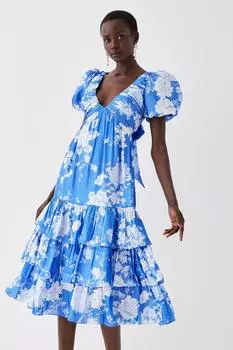 Платье миди из глянцевой органзы с оборками по подолу Coast, синий