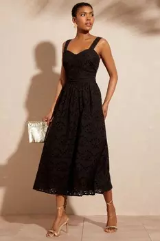 Платье миди из хлопка с корсетом и кружевной отделкой Love & Roses, черный