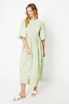 Платье миди из хлопка с пышными рукавами и вышивкой Oasis, зеленый