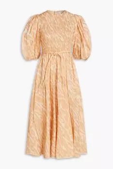 Платье миди из хлопкового газа с присборенным принтом ZIMMERMANN, нейтральный